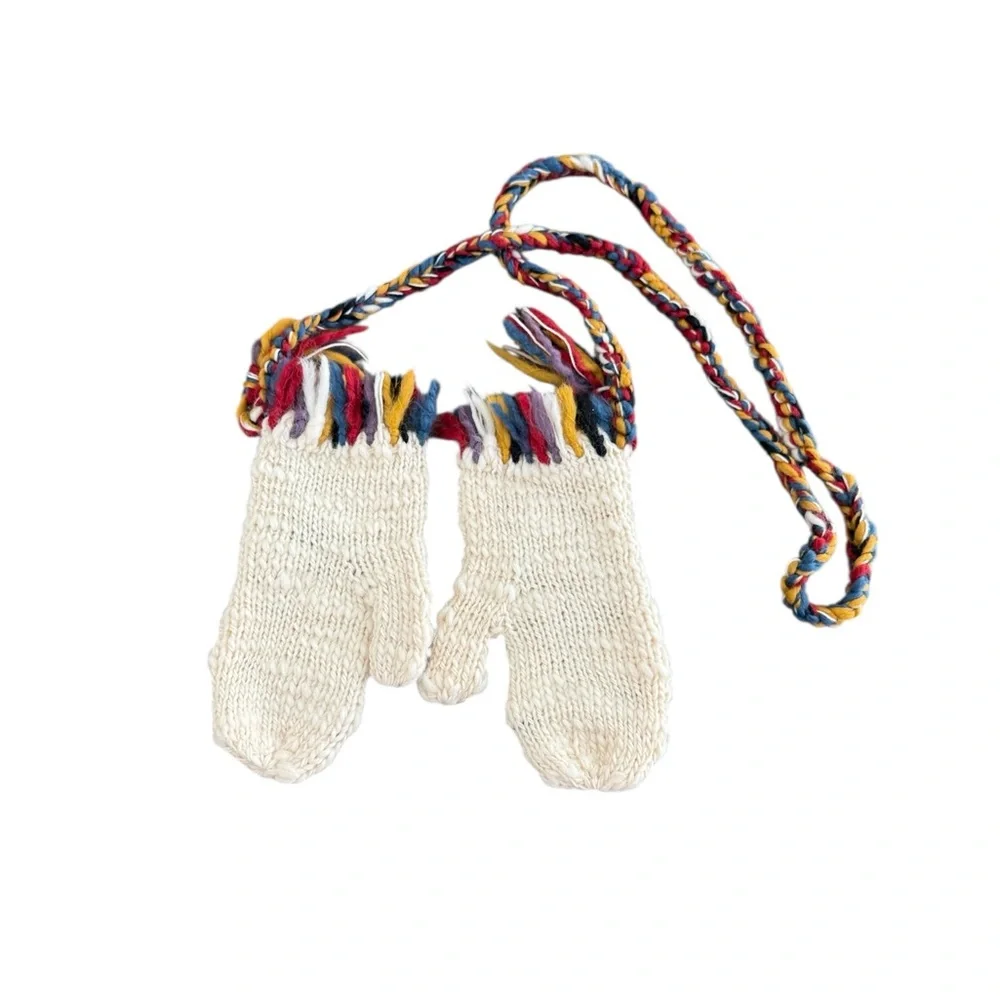 ETRO Milano Hand Knit Wool Mittens Fair Isle Tassel Tie Cord
